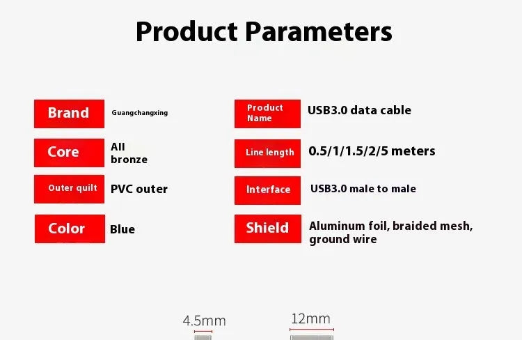 USB 3.0 Type-A male to male data cable for mobile hard disk boxes with nickel-plated connectors.