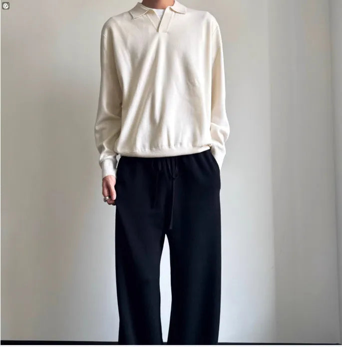 Men's pure wool polo sweater with lapel collar in loose fit, available in milky white and navy blue colours