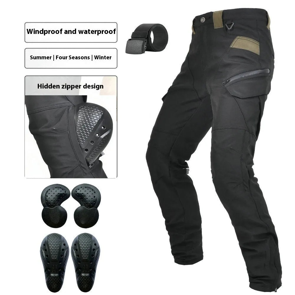 Men's waterproof black cycling trousers with removable protective gear for motorcycle use