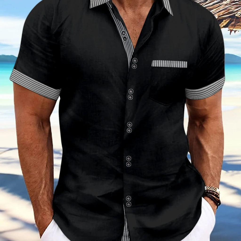 Man wearing a striped, slim fit, pure cotton short sleeve shirt with a double button front in a light blue colour.
