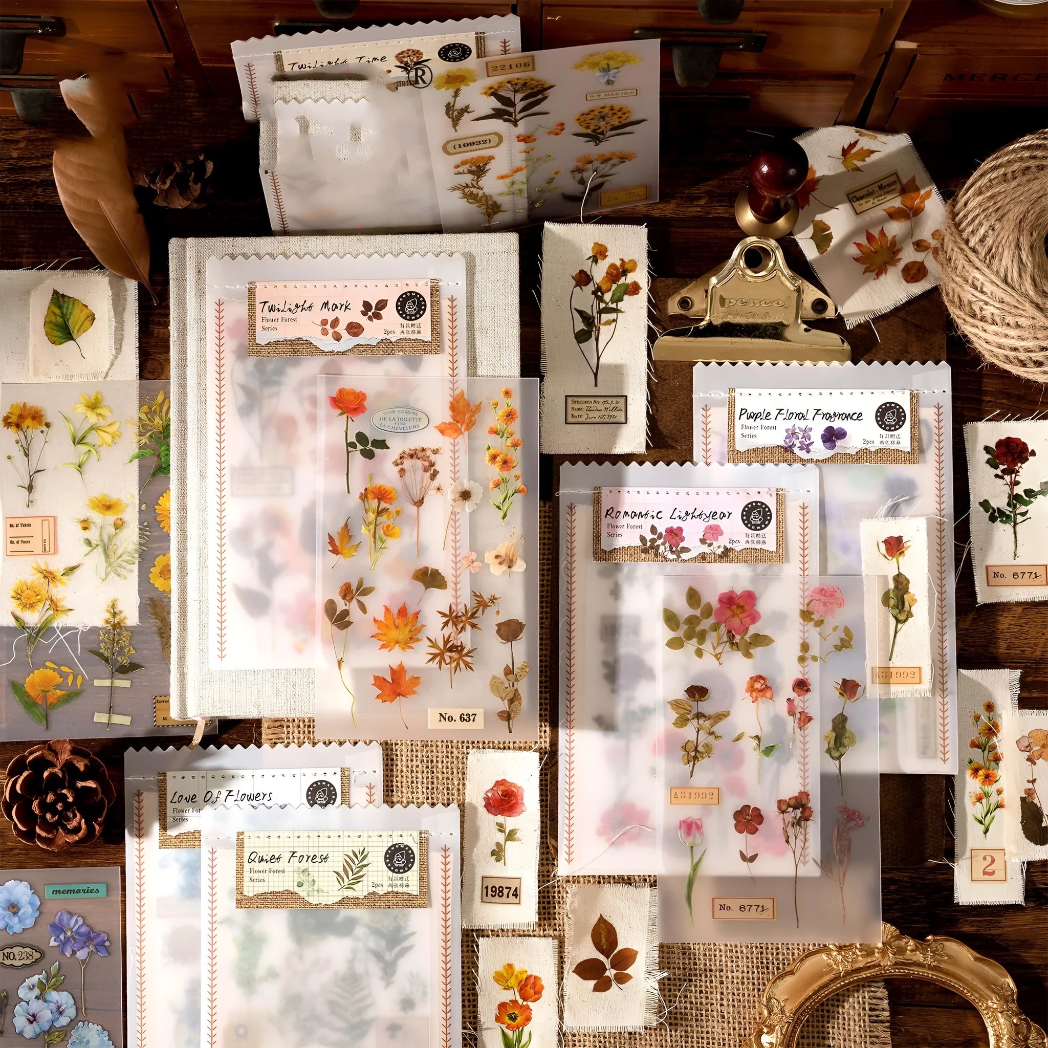 Huazhisen Series forest label transfer sticker pack showing six literary art designs on paper sheets