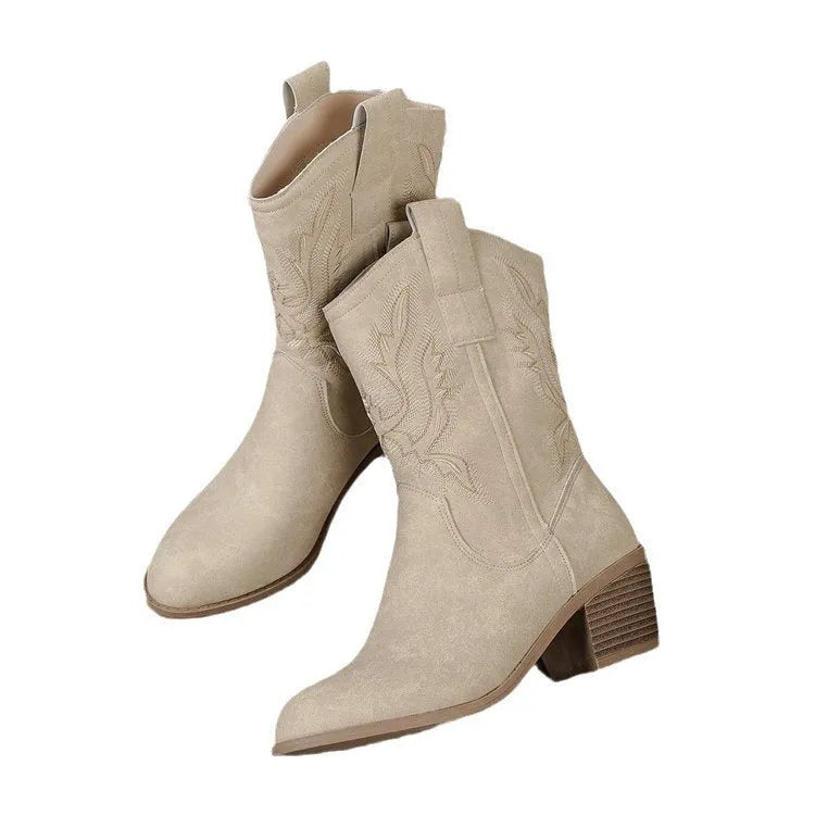 V cut embroidered suede women's boots in camel colour with mid heel and pointed toe