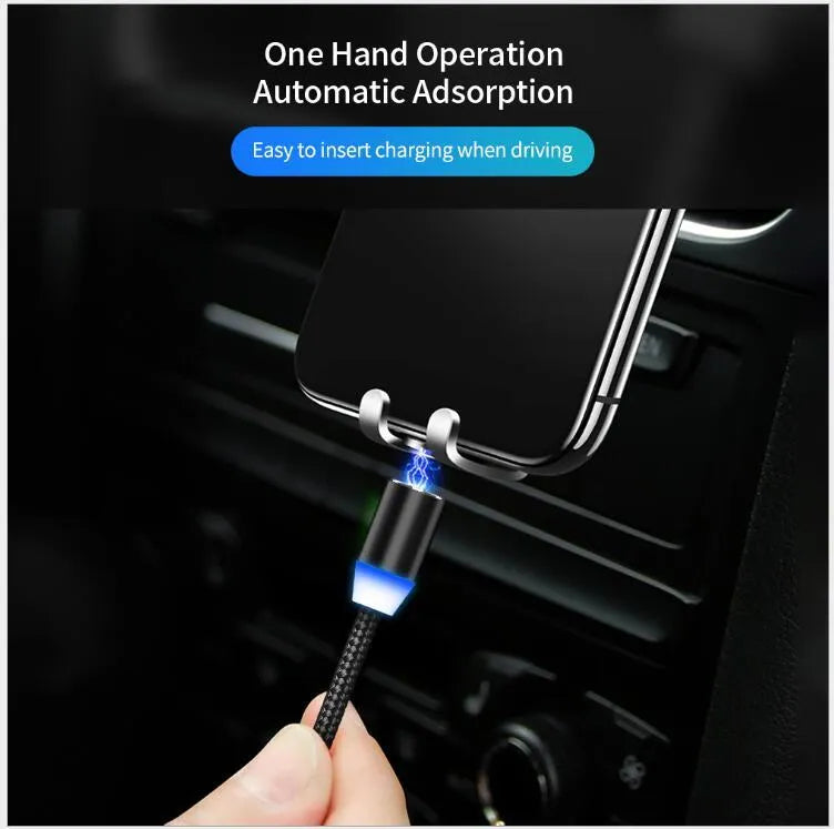Black magnetic LED charging cable with cotton braiding and aluminium connector showing LED light