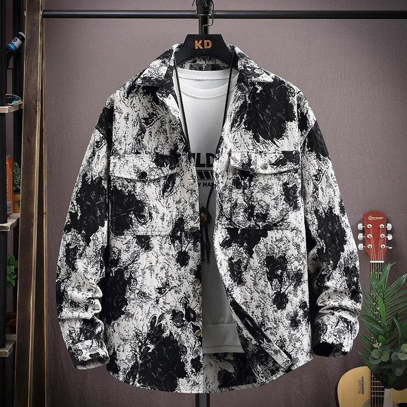 Men's casual lapel shirt coat in polyester with straight hem and long sleeves for spring and autumn wear