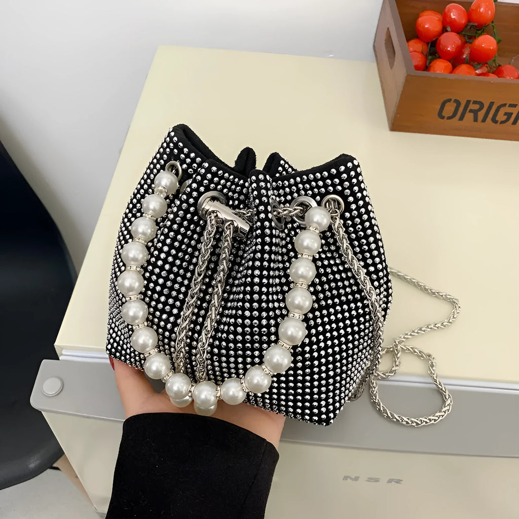 Soft PU leather crossbody bag with diamond embellishments and chain strap in bucket shape