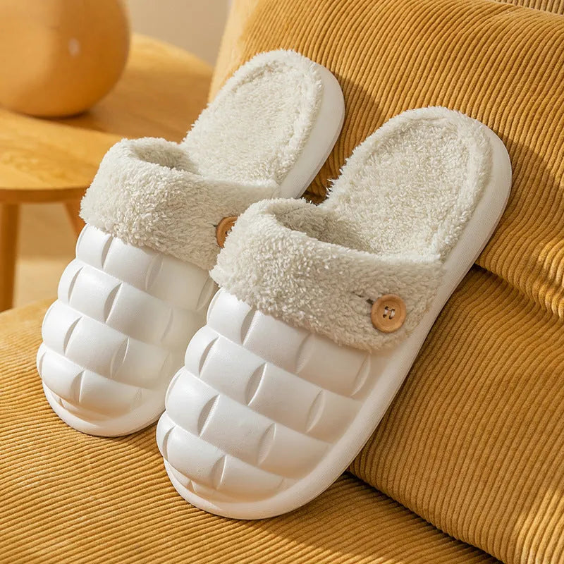 Detachable EVA slippers with plush lining in multiple colours showing round toe and flat heel design