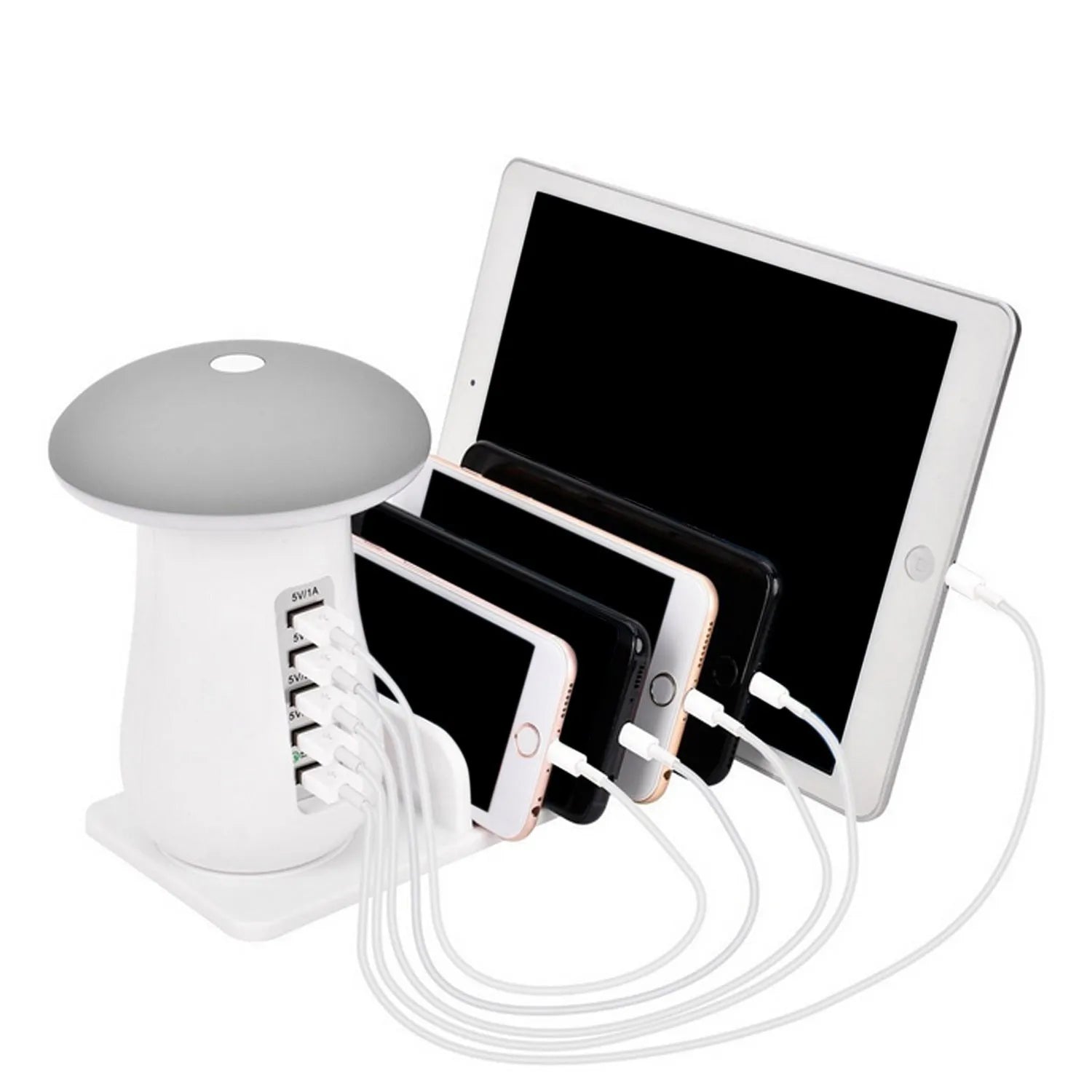 White mushroom-shaped LED desk lamp with 5 USB charging ports on a wooden desk