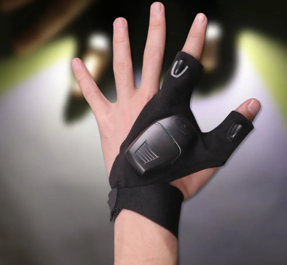 Half finger knit coated fishing repair gloves with built-in light for night outdoor use