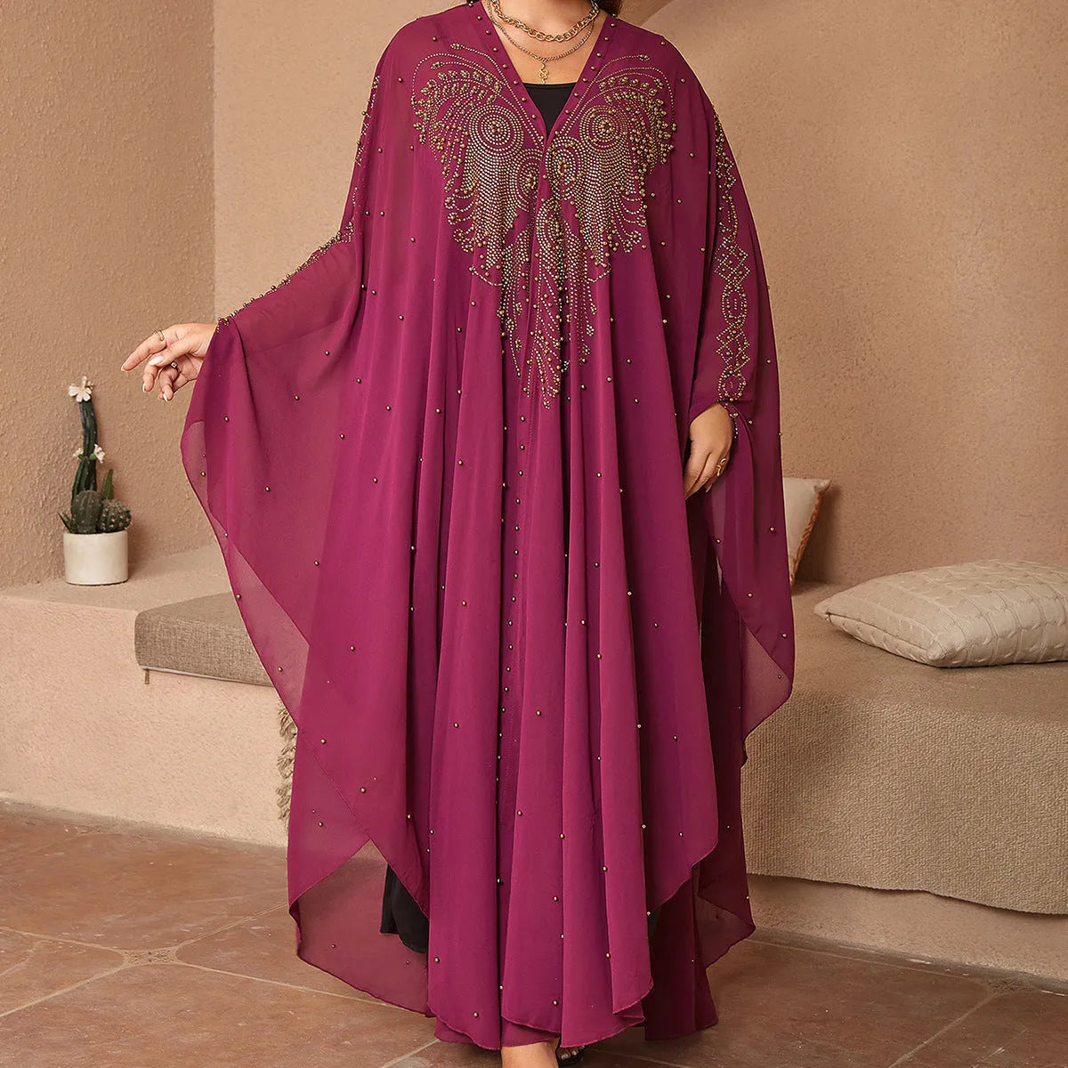 Purple Muslim style chiffon shawl with rhinestone beading, shown draped.