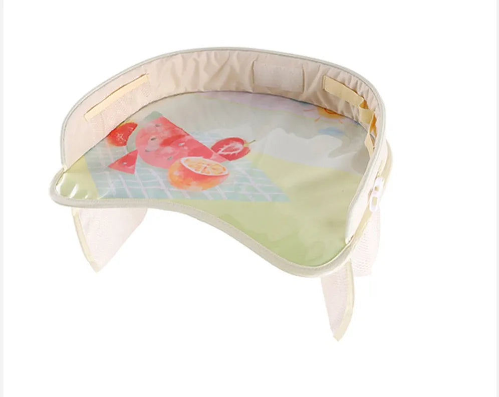 Baby car seat tray table in blue Oxford fabric and polyester, 42x32x8 cm, on a car seat