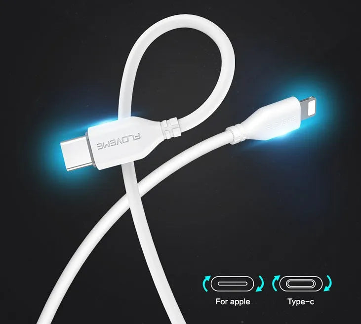 White braided nylon USB-C to Lightning cable with aluminium connectors, shown at full 2.4m length.