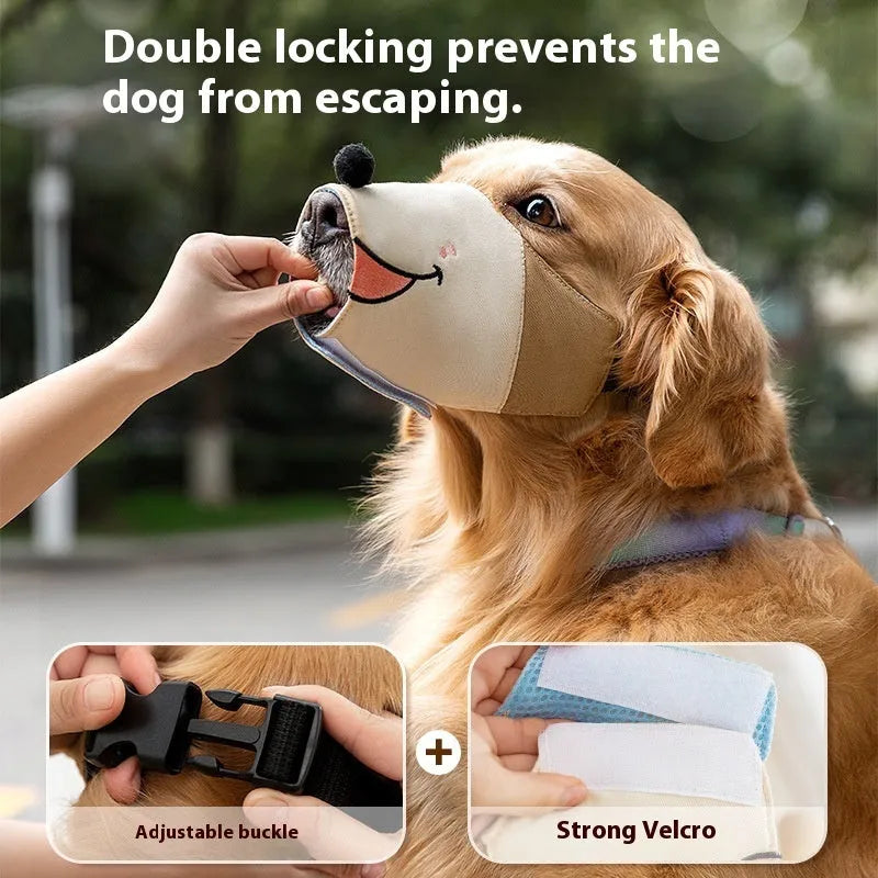 Canvas dog mouth cover muzzle shown in Ollie Brown Bear and Bondi Blue Shark designs, available in S M L XL sizes.