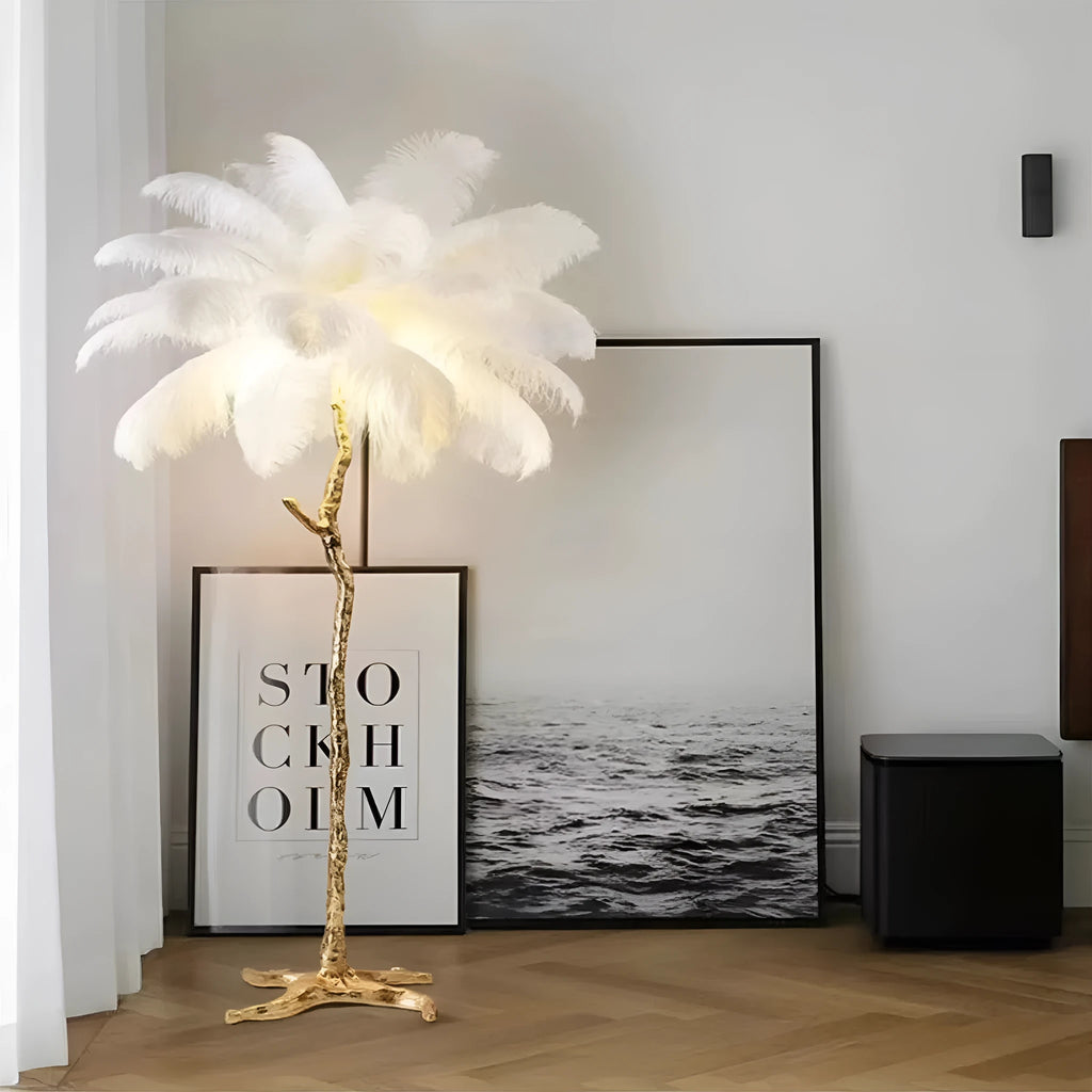 Decorative resin feather floor lamp standing 170cm tall with pink feather details