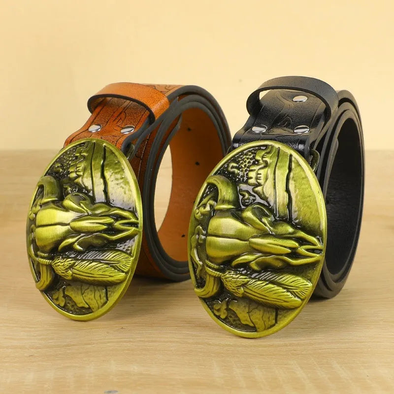 Men's brown imitation leather belt with a detailed silver cow head alloy buckle and pin fastening.