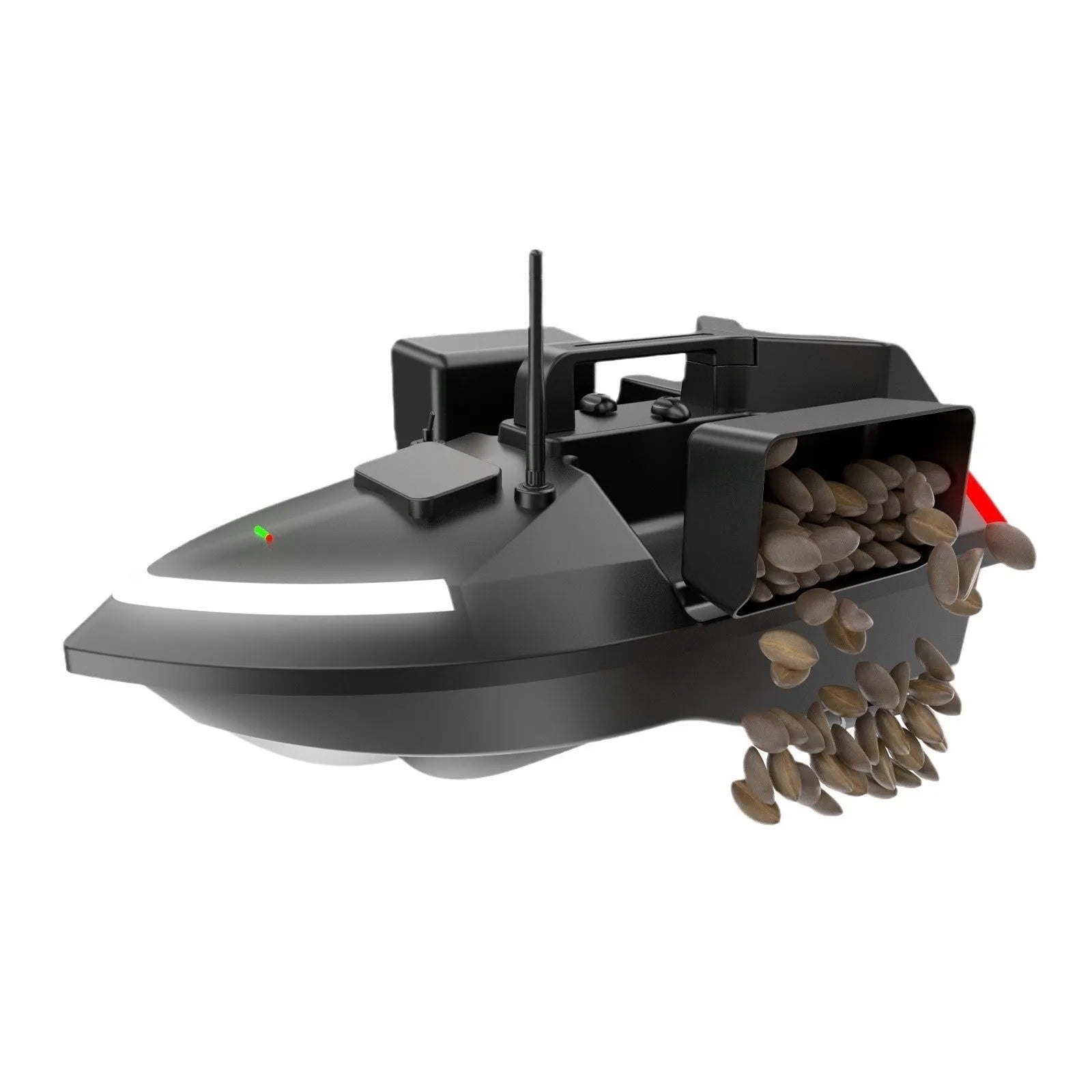Black GPS remote control fishing boat with LED light on calm water