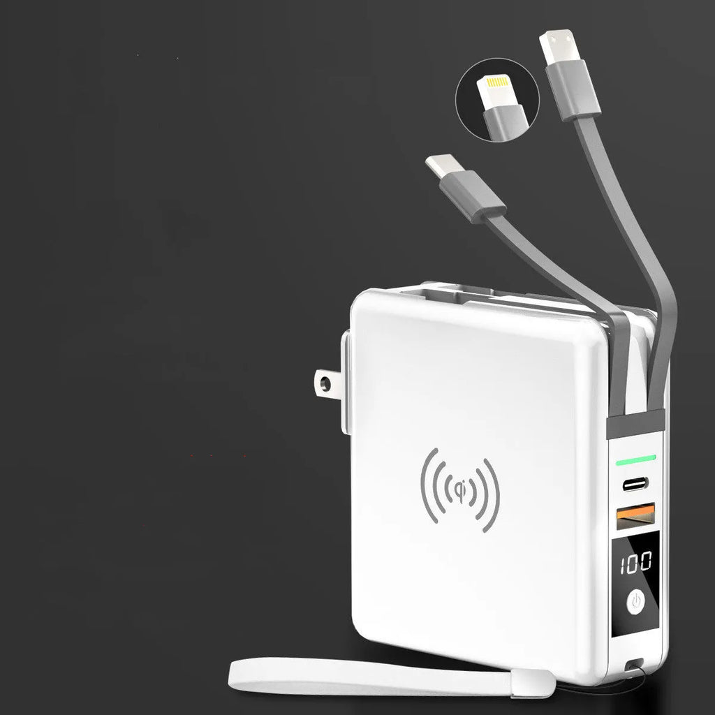 Black and white PD20W wireless power bank with 10000mAh capacity and international plugs