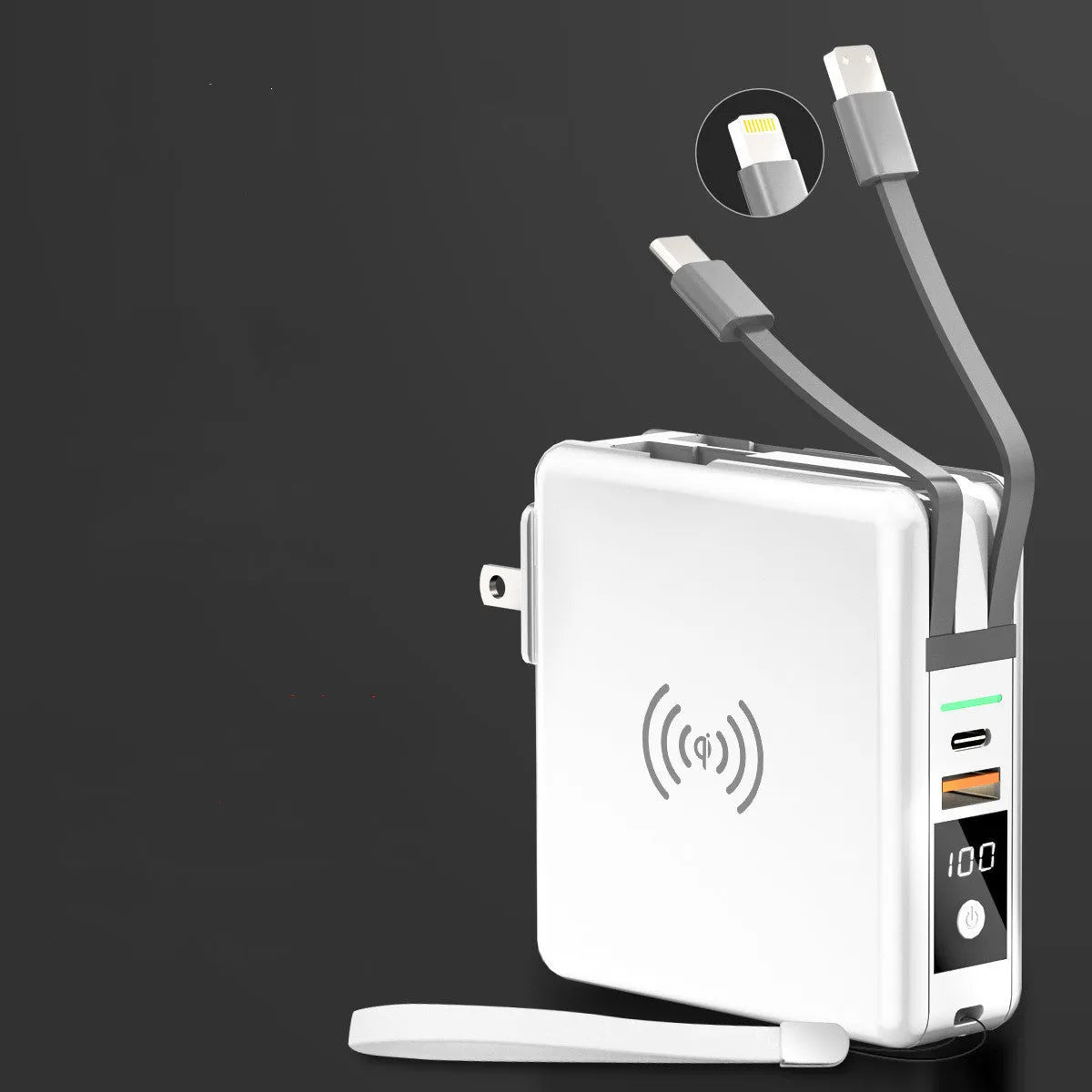 Black and white PD20W wireless power bank with 10000mAh capacity and international plugs