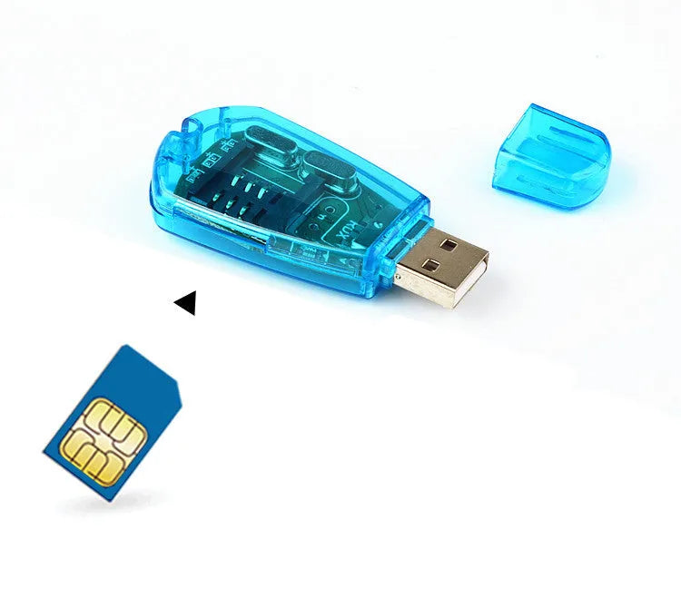 Blue mobile phone SIM card reader with USB 2.0 connector for data backup