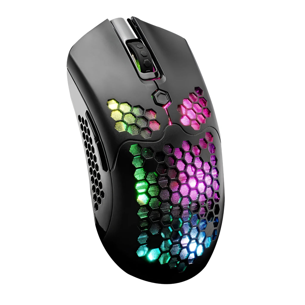 Free Wolf X2 wireless gaming mouse with RGB lighting in five colour choices on a desk