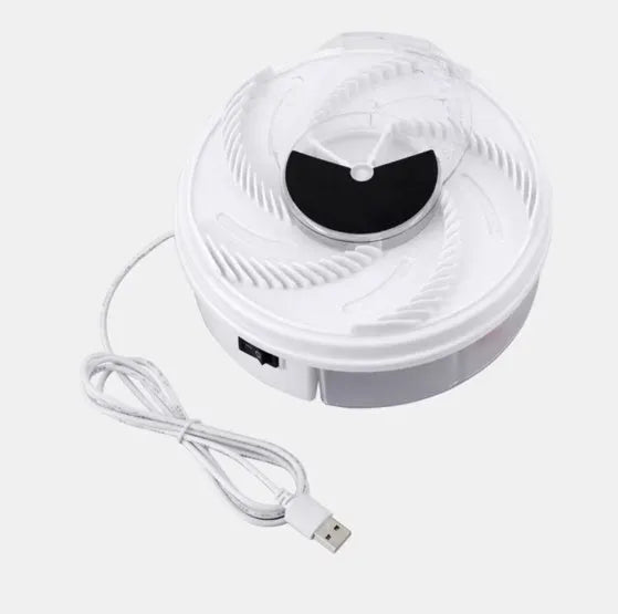 White PP USB electric fly trap on a surface with compact 205x205x80mm dimensions and 380g weight