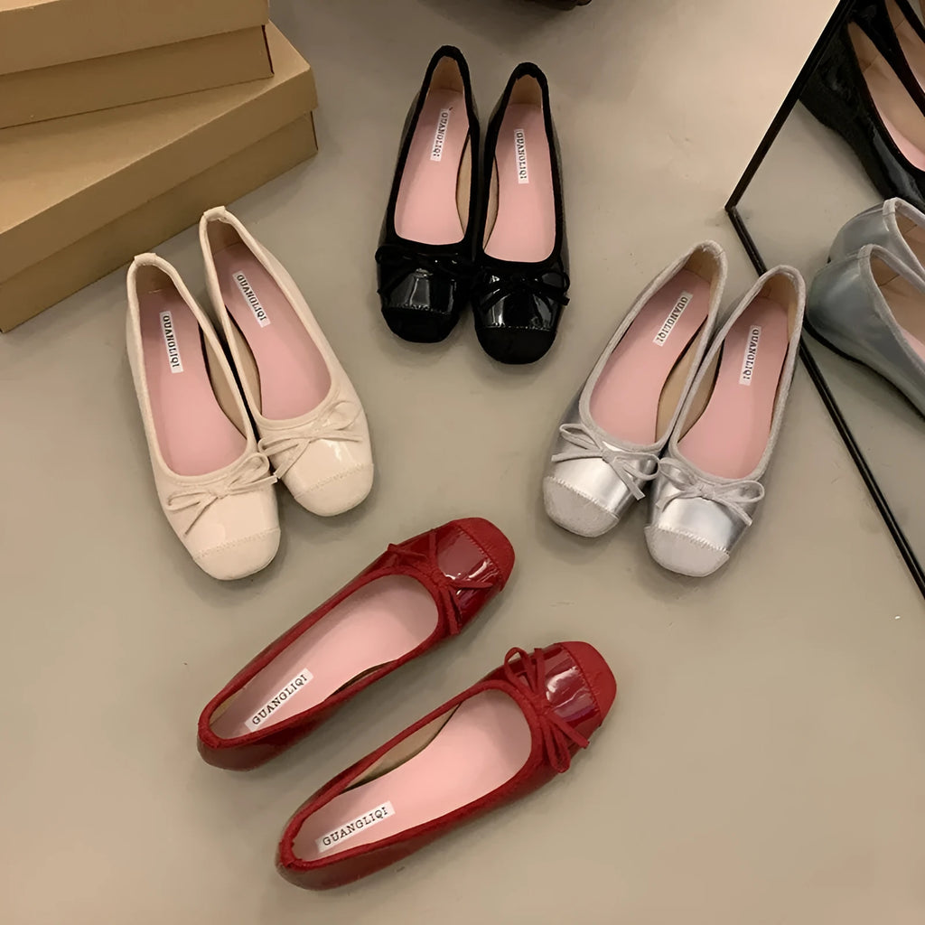 Women's retro apricot Mary Jane ballet flats with square toe and bow decoration on a rubber sole.