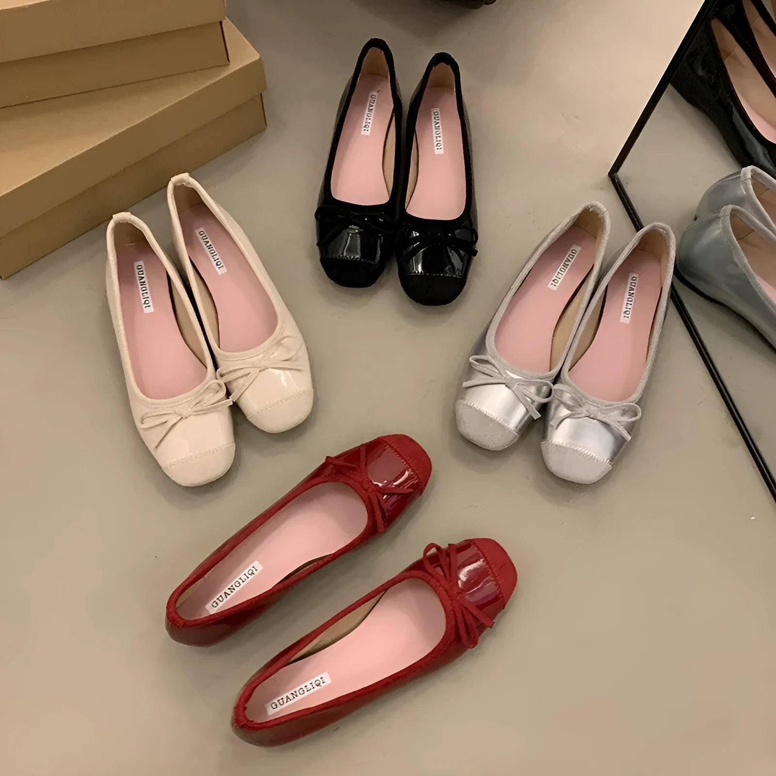Women's retro apricot Mary Jane ballet flats with square toe and bow decoration on a rubber sole.