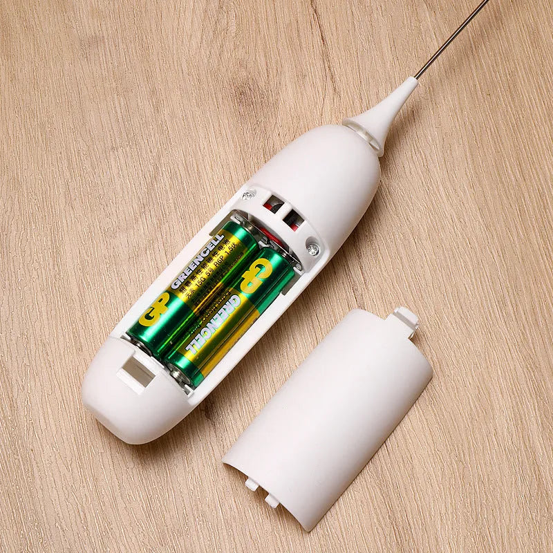 Handheld electric milk frother blender in black and white colours with frothing whisk