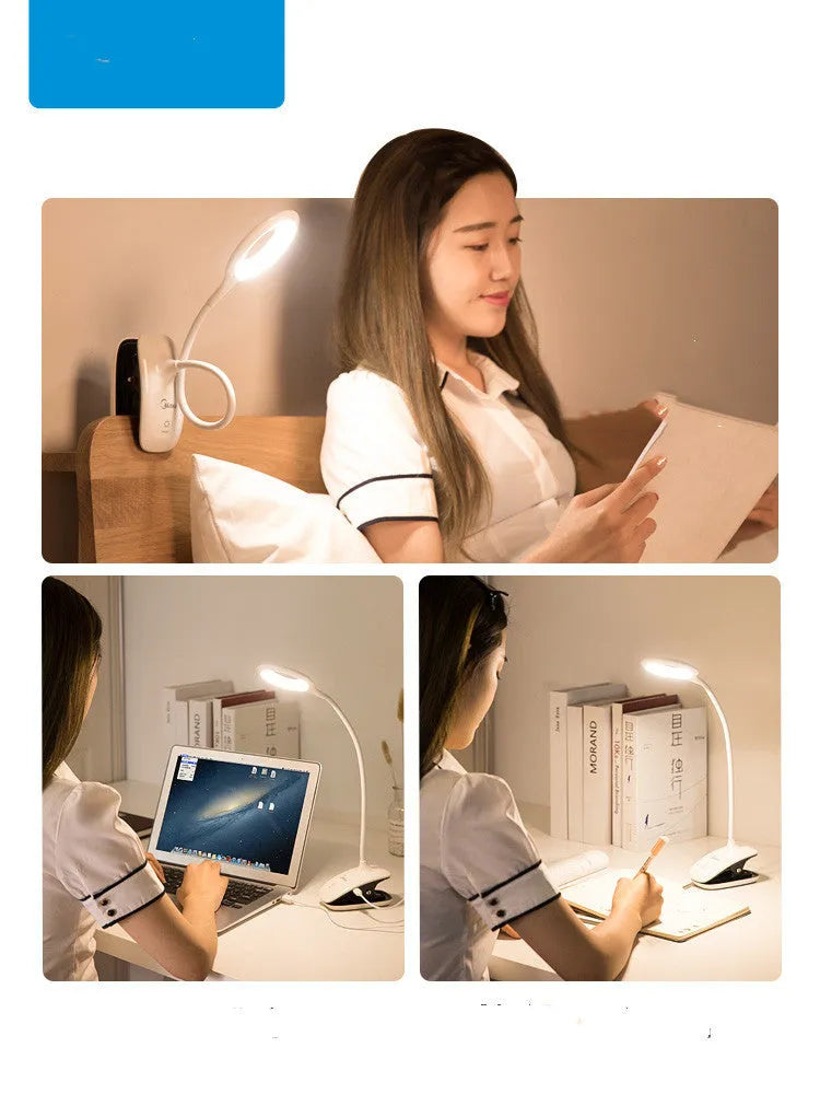 Green, pink, and white rechargeable USB table lamps with touch switch on a desk.