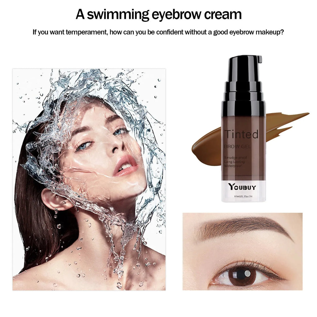Waterproof eyebrow cream in dark gray and golden yellow shades with quick-drying formula