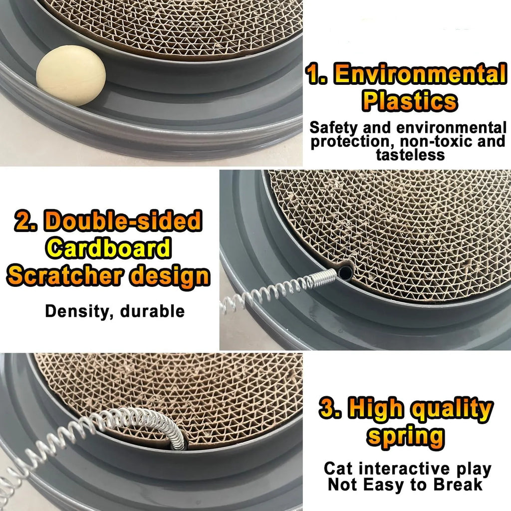 Blue and pink interactive cat scratcher toy with ball track and mouse swatter on a round base.