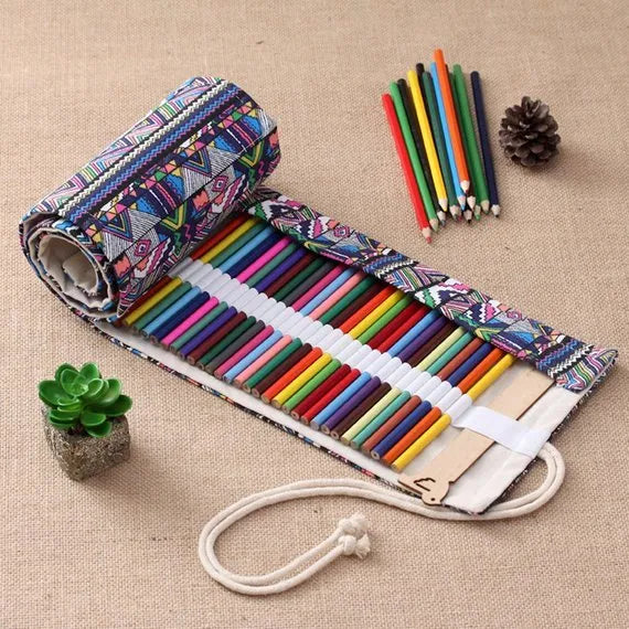 Canvas pencil wrap with multiple elastic bands rolled up showing slot configuration