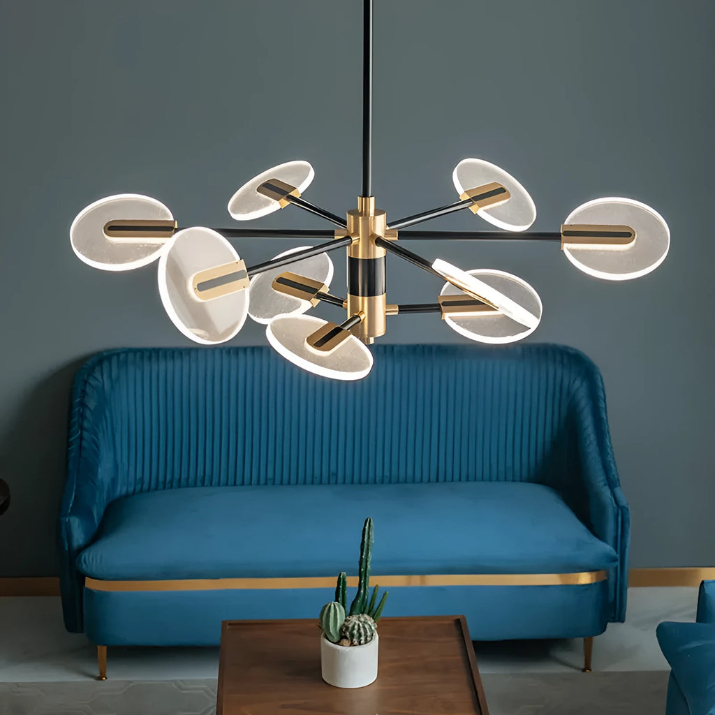 Nordic iron LED chandelier with acrylic elements hanging in a dining room setting