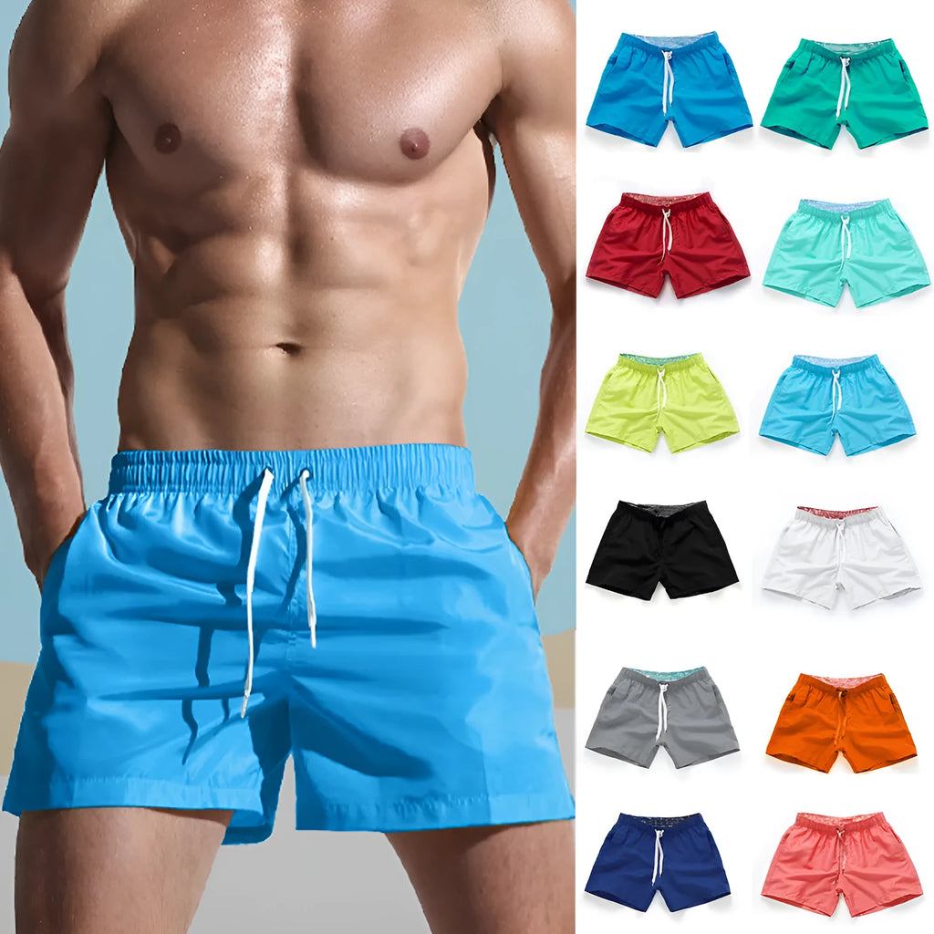 Men's plus-size polyester beach shorts in multiple colours on a size chart background.