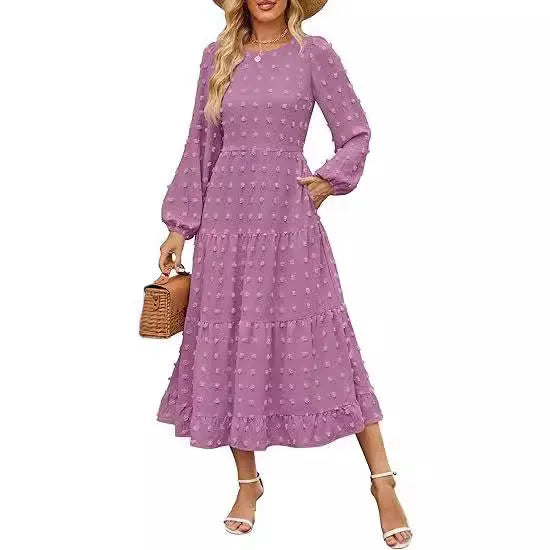 Beige women's casual dress with long ruffled sleeves, a round neck, and a high waist.