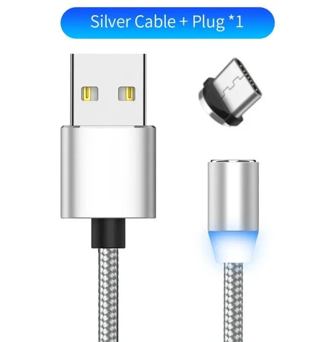 Black magnetic LED charging cable with cotton braiding and aluminium connector showing LED light