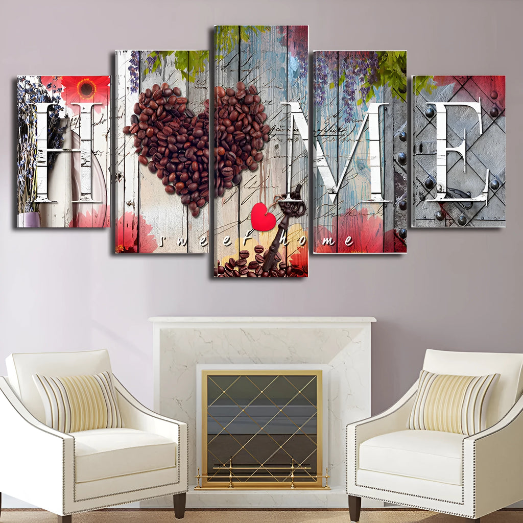 Set of five red oil painting canvases in different sizes for wall decoration