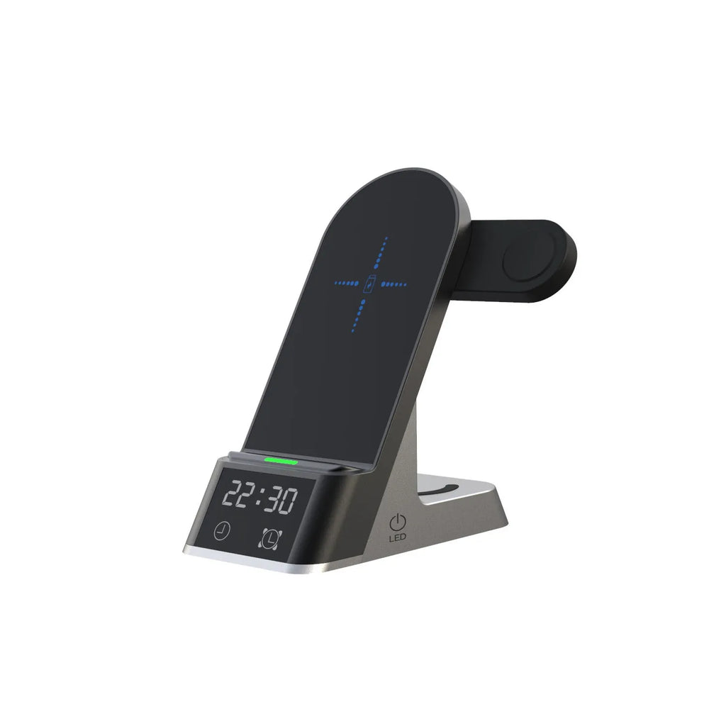 Black six-in-one wireless charger alarm clock with Type-C input charging Apple Watch and phone on desk