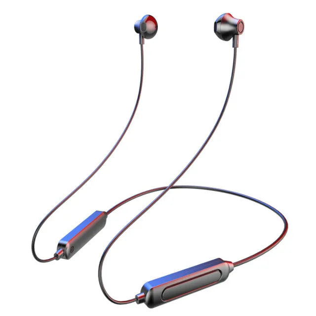 Black neck-mounted wireless sports earphones with Bluetooth 5.0 for hands-free calls and music