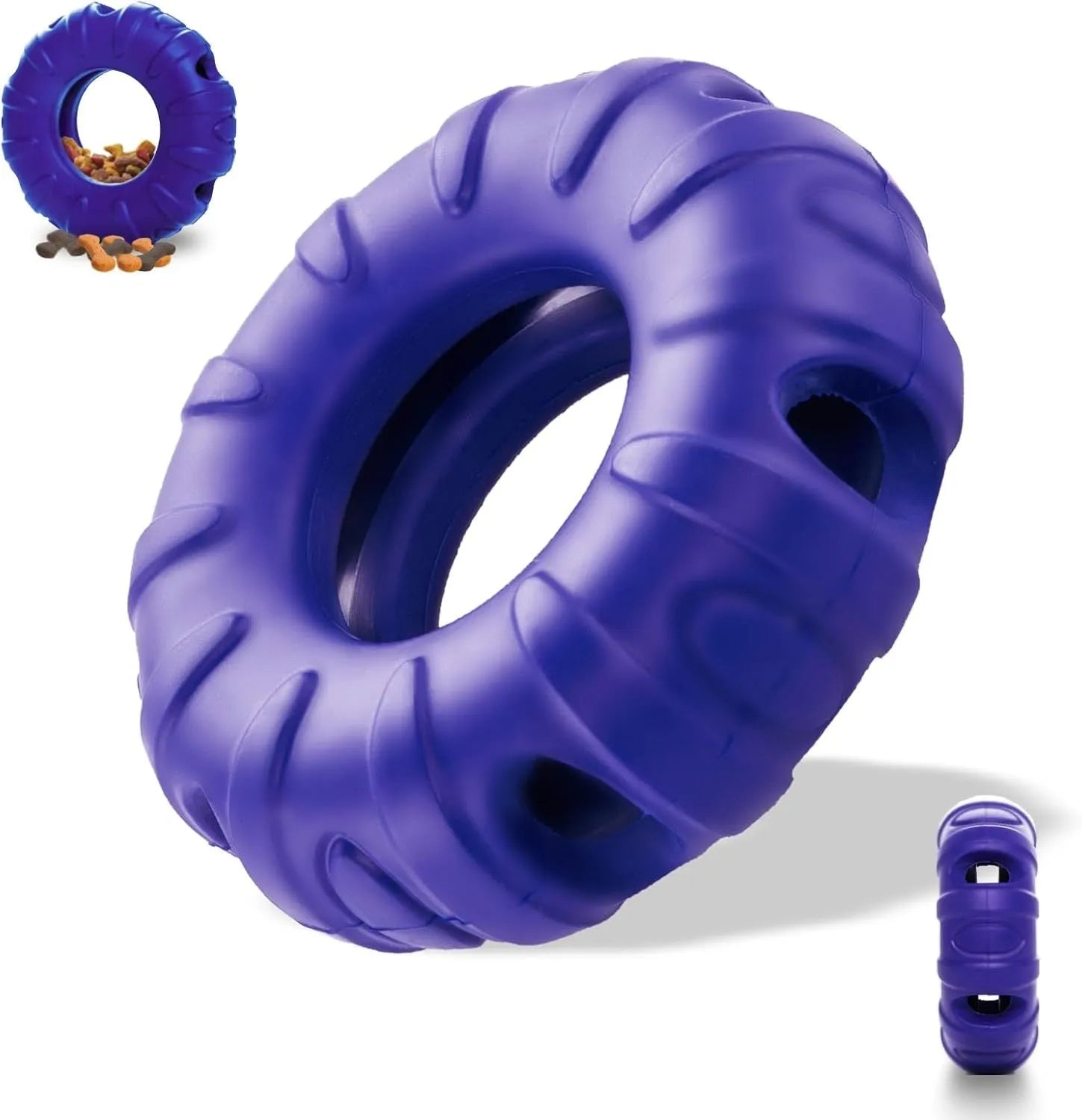 Blue beef-flavoured rubber tyre dog chew toy with oval openings for slow feeding.