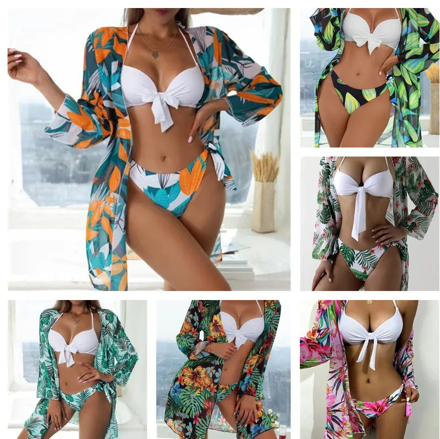 Women's three-piece polyester bikini swimsuit set with mesh detailing and a matching coat.