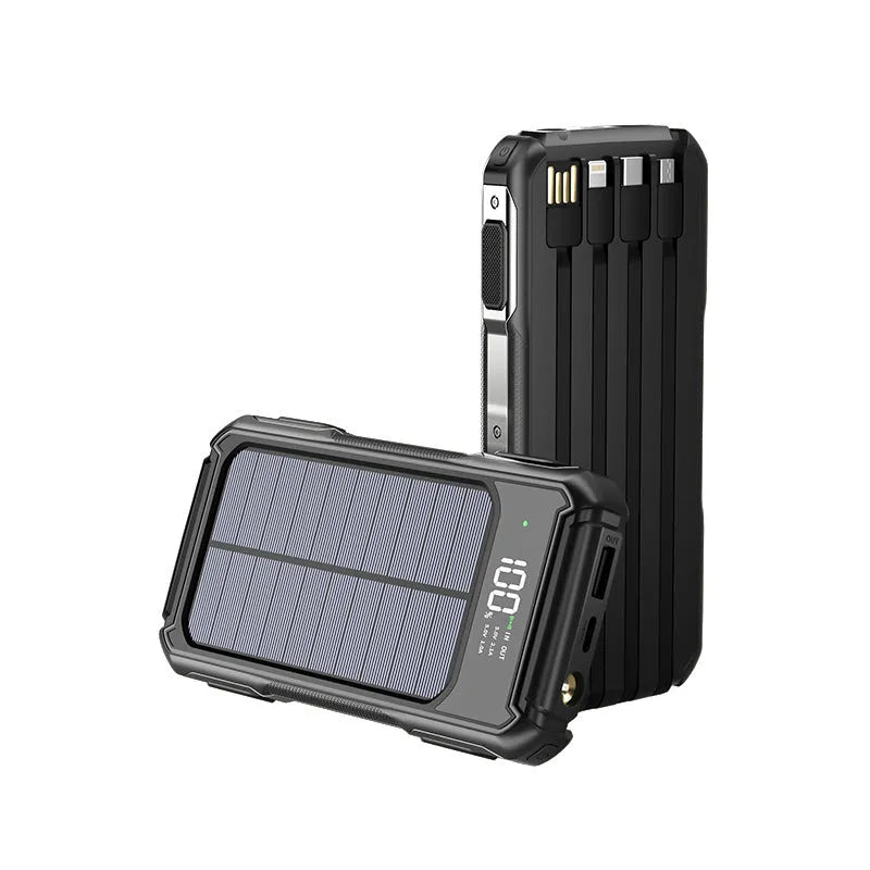 Black, green, and orange military-grade portable power bank showing USB ports, 10000mAh and 20000mAh capacity options
