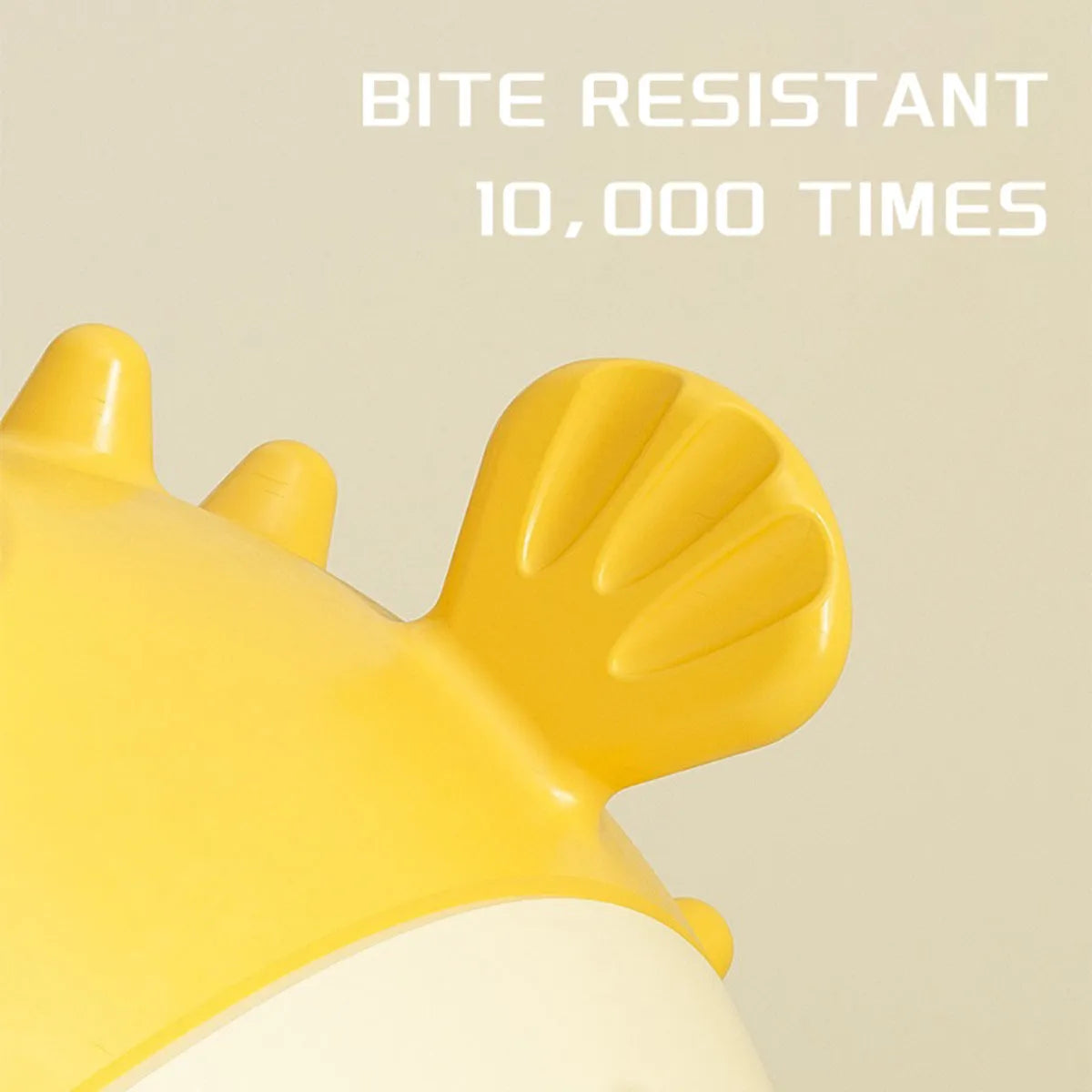 Yellow fish-shaped durable vinyl dog chew toy with textured surface for teeth cleaning.