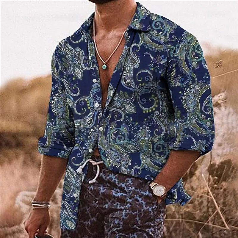 Man wearing a loose fit long sleeve shirt with a detailed 3D flower pattern print