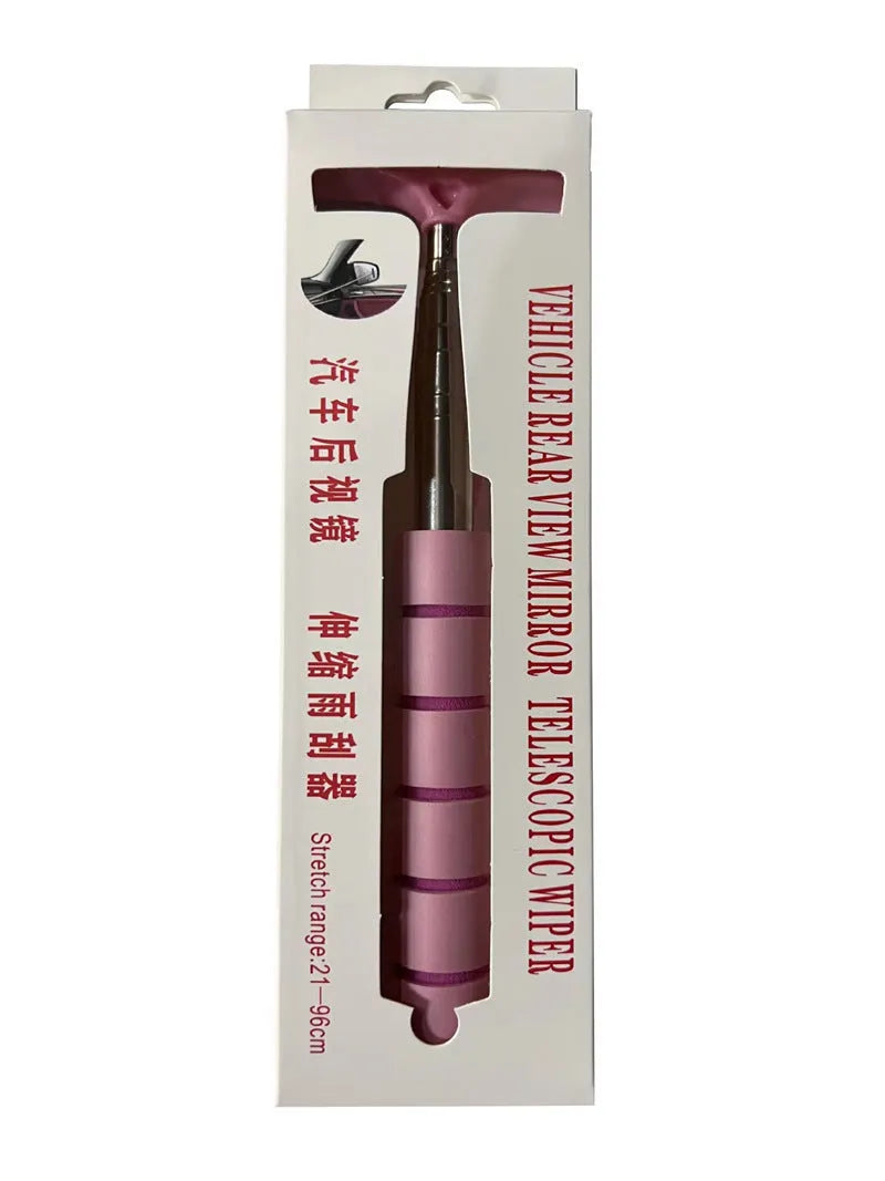 Retractable stainless steel car rearview mirror wiper shown extended, in multiple colour options.