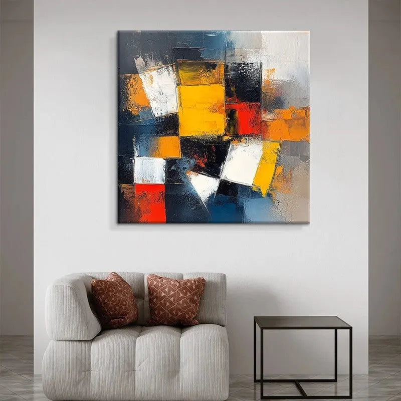 Hand-painted abstract oil painting on canvas, square unframed size 80x80cm, colourful design on white background.