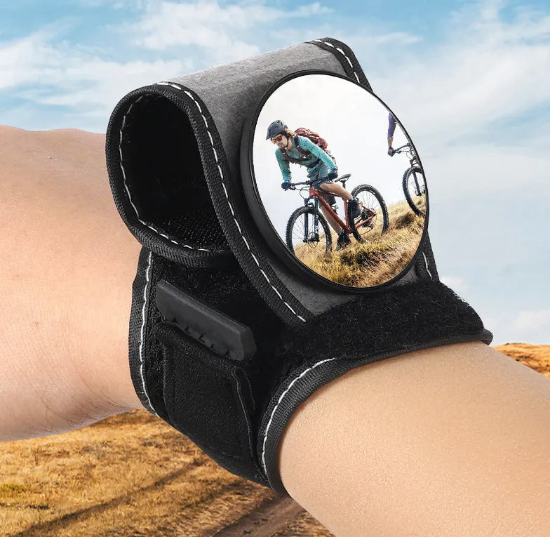Black nylon wrist-mounted bicycle rear-view mirror with adjustable strap