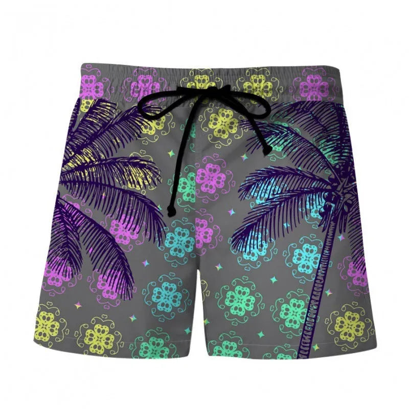 Men's 3D digital printing beach shorts with Hawaiian pattern, polyester fabric, micro-elastic waist