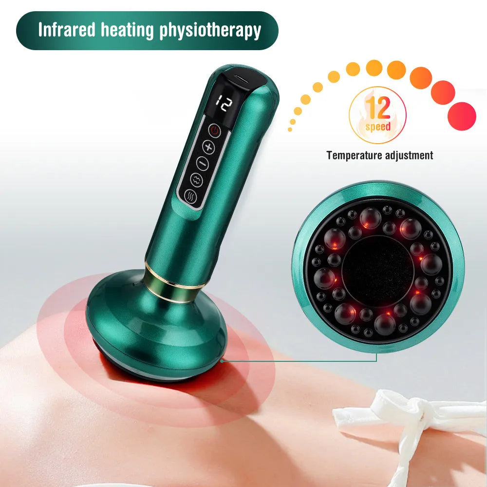 Green electric vacuum cupping massager with infrared heating and adjustable suction controls