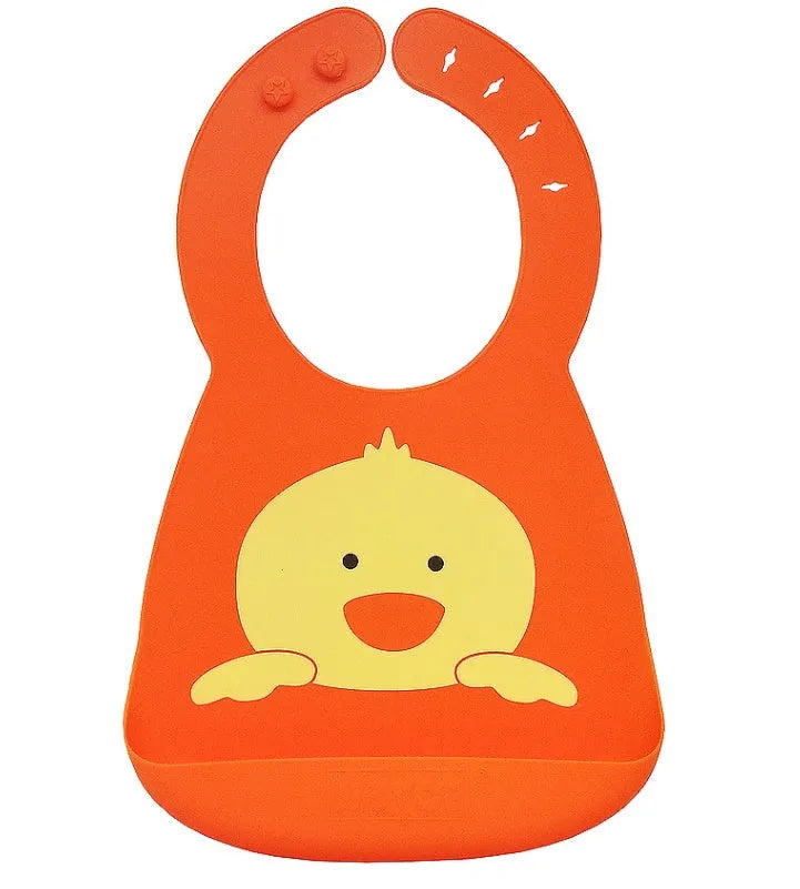 Waterproof silicone baby feeding bib with deep pocket in multiple colours, 28x21cm, on a white background