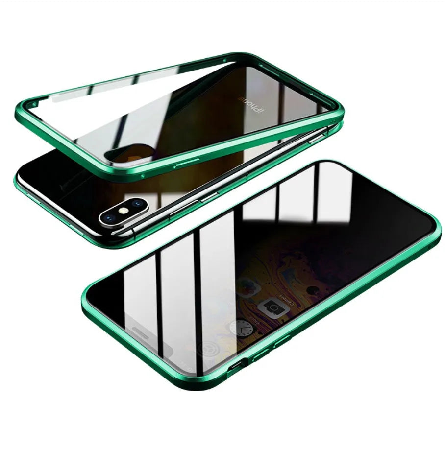 Geometric patterned glass clamshell privacy case for iPhone on a table.